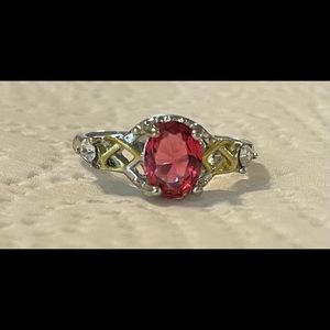 New Oval Ruby CZ SilverTone & Gold Tone Ring Size 6 7/8